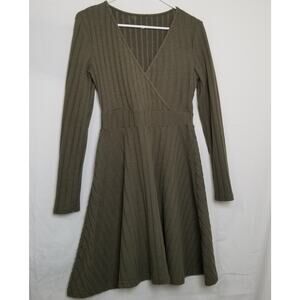 Shein - Women's Green Ribbed Sweater V-Neck Long Sleeve Knee Length Dress Size S